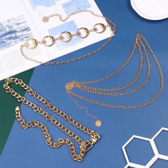 3Pieces Chain Belts For Women Metal Belt Chain Waist Adjustable Body Waist Chain Belly Chain For Dress 3Pieces Chain Belts For Women Metal Belt Chain Waist Adjustable Body Waist Chain Belly Chain For Dress